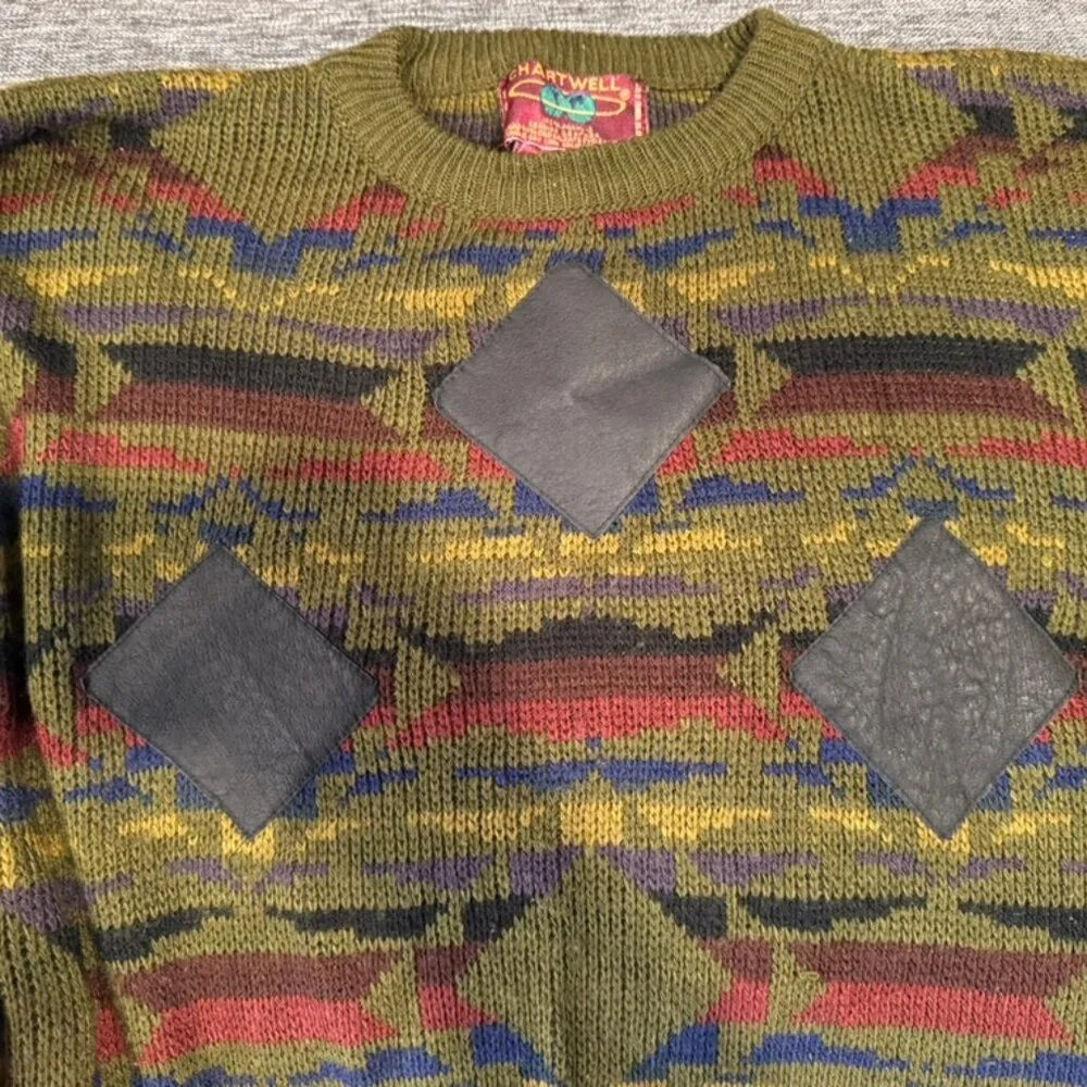 Vintage Gold Chartwell Sweater – Men’s Medium – Geometric Knit Leather Squares
